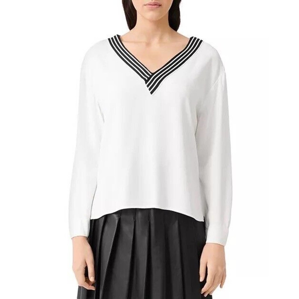 Maje $265 Lorni Lounge Long Sleeves Crepe Striped V-Neck Neckline Top Sz 3/L US - Picture 4 of 16